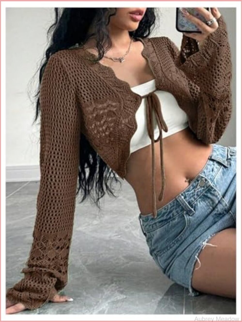 Crochet Tie Front Bell Sleeve Sweater Cardigan - Picture 5 of 5